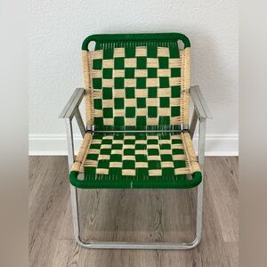 VINTAGE MACRAME ALUMINUM FOLDING  ROCKING LAWN BEACH CHAIR GREEN & WHITE 🔥EUC
